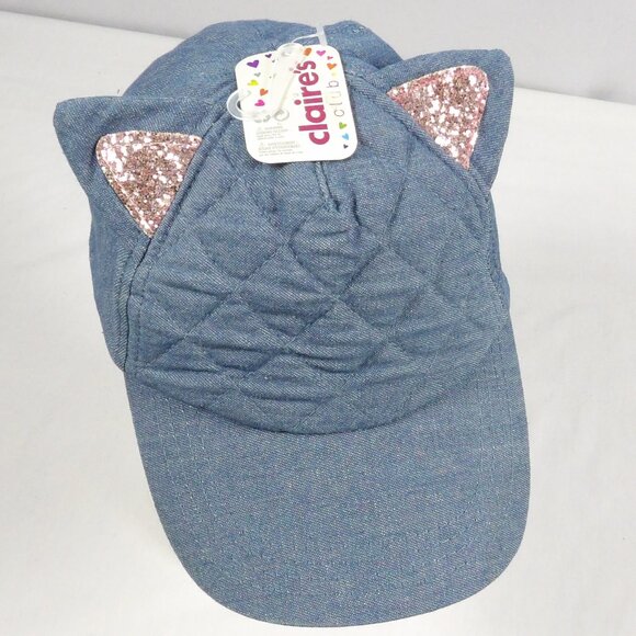 Claire's Girls Size Denim Baseball Hat with Pink Glitter Kitten Ears NWT - Picture 2 of 7